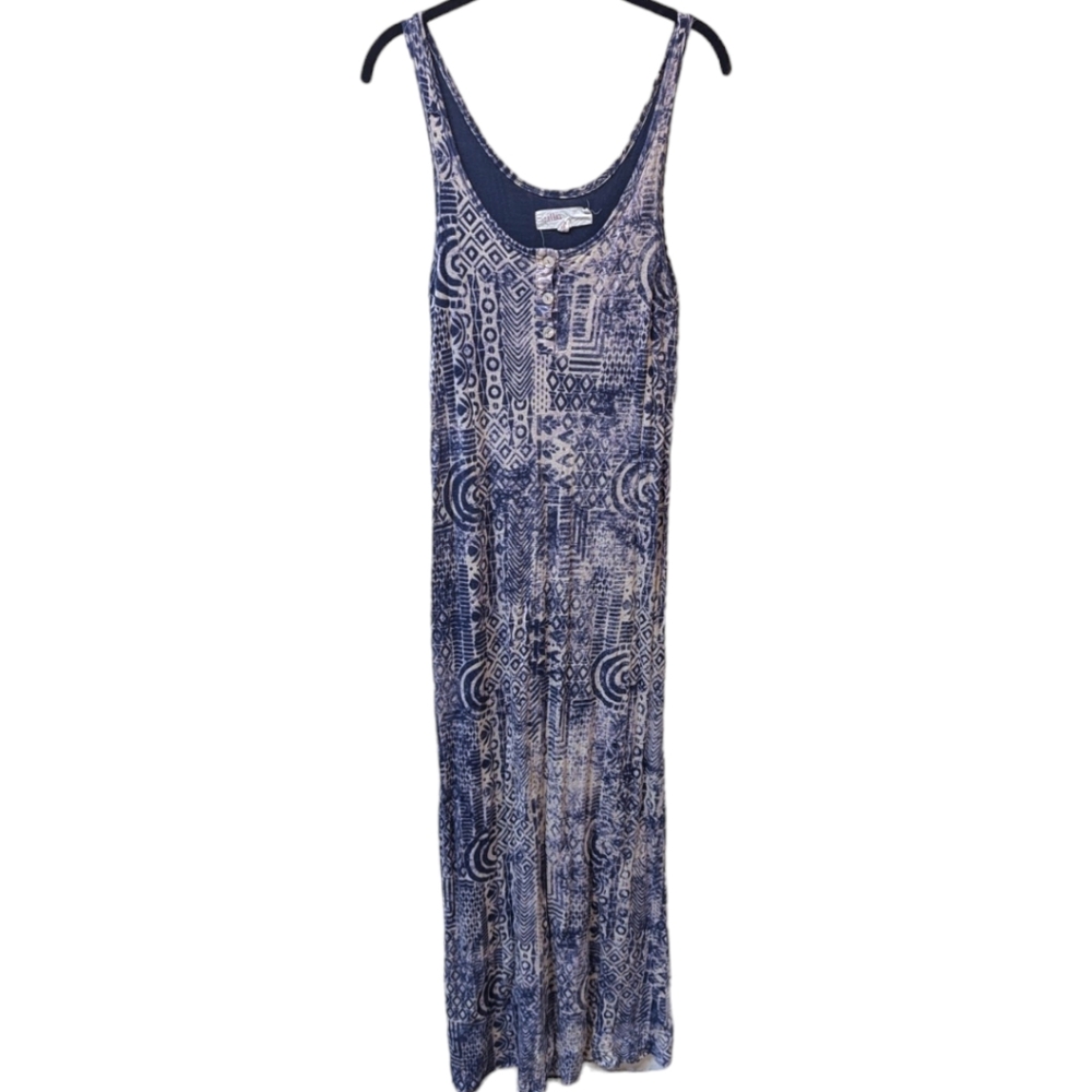 Anthropologie Lilka Sleeveless Stretch Batik Ikat Print on Blue Maxi Dress (S)